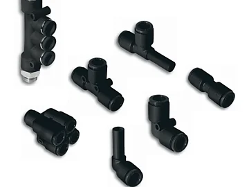 Einsatz in der Pneumatik für Druckluft und Vakuum konzipiert.  Anwendungen in Industrie und Handwerk. Die Steckanschlüsse erlauben eine schnelle Montage und Demontage.